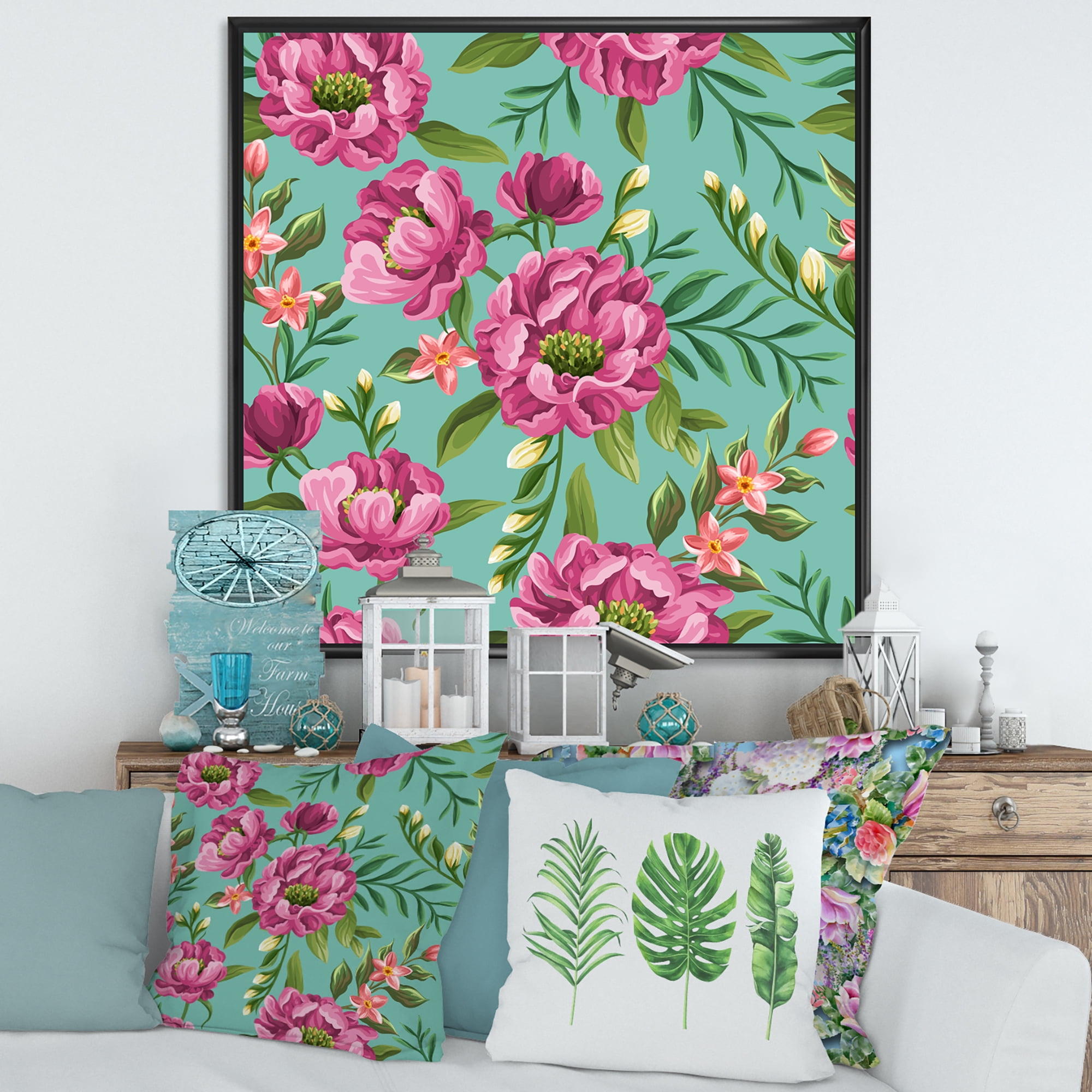 Fuchia Pink Flowers On Green VIntage 30 in x 30 in Framed Painting Canvas Art Print, by Designart