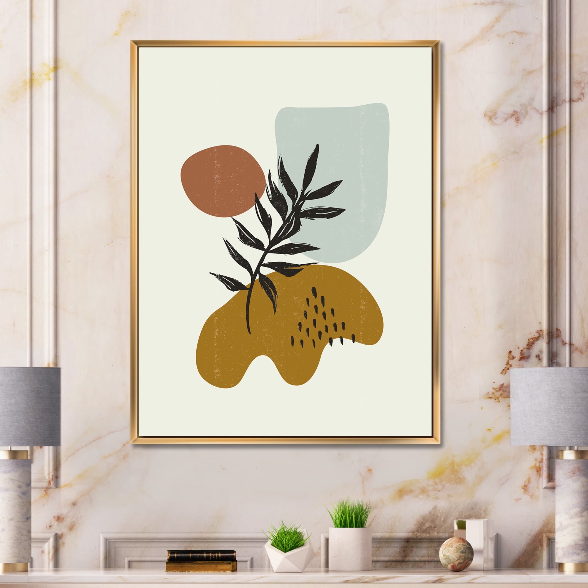 Designart 'Abstract Shapes With Botanical Minimalist Leaf II' Modern Framed Canvas Wall Art Print