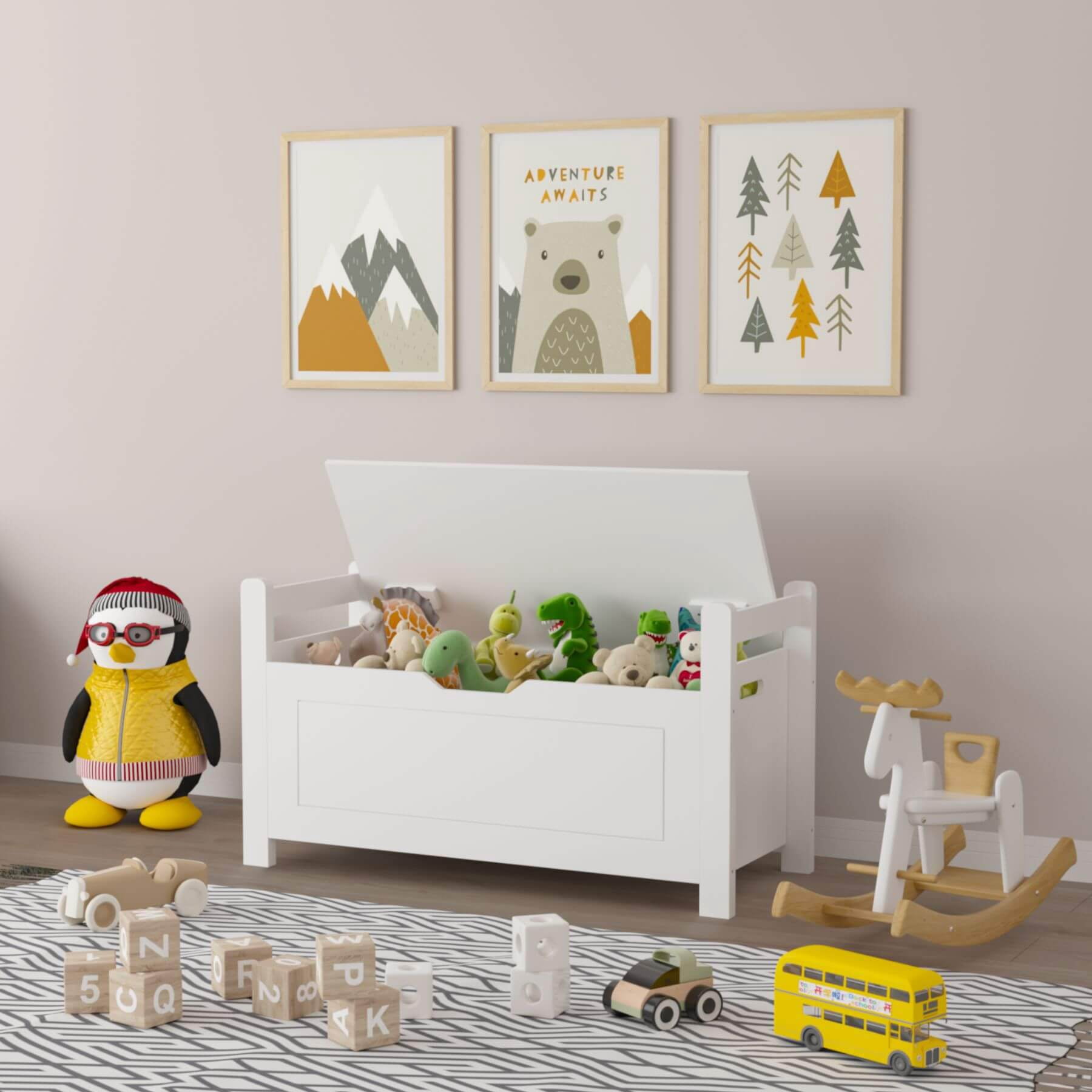 MOONRIVER Kids Toy Box Chest, White Storage Cabinet with Cushion Seat Bench