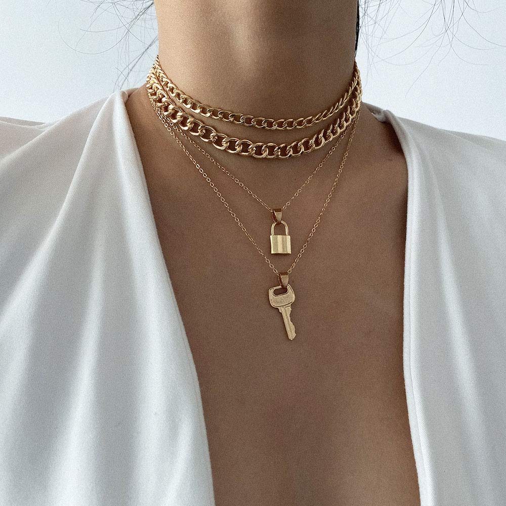 Layered Necklace Lock Key Pendant Punk 