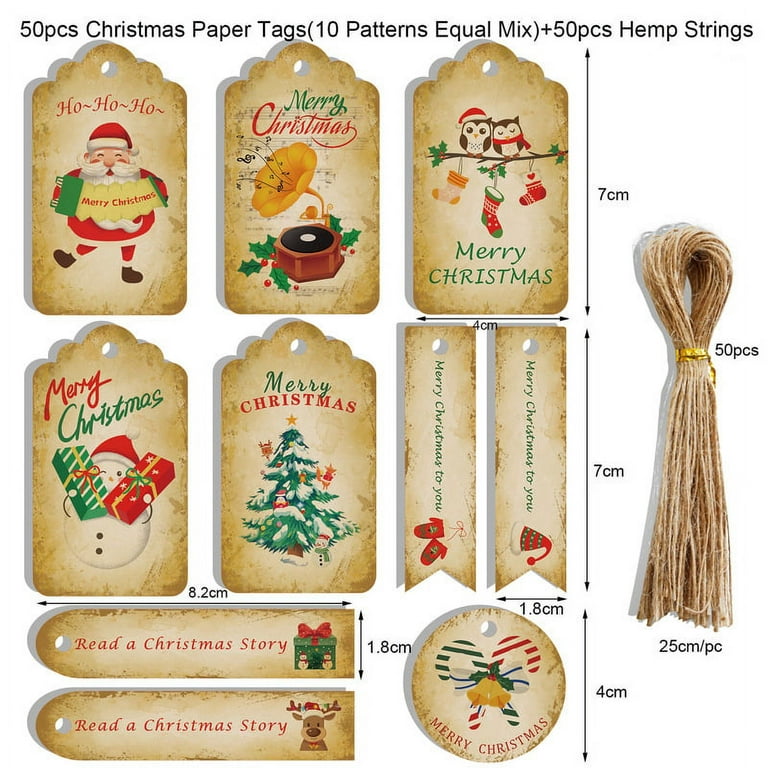 Christmas Gift Tags With String, 50pcs Brown Xmas Kraft Paper Tags