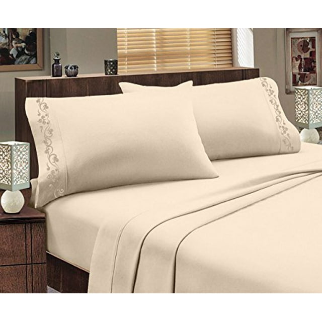Design Italien 1800 Series Confort Égyptien Super Doux Broderie Ensemble de Draps 3 Pcs (Simple, Sable)