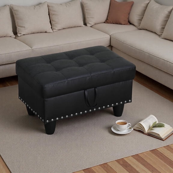 Jiayuan song Modern Black Faux Leather Rectangular Storage Ottoman Large 1-Pack