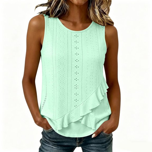 cocolona Womens Summer Tank Tops Crew Neck Sleeveless Ruffle Asymmetrical Hem Shirts Trendy Casual Solid Color Blouses