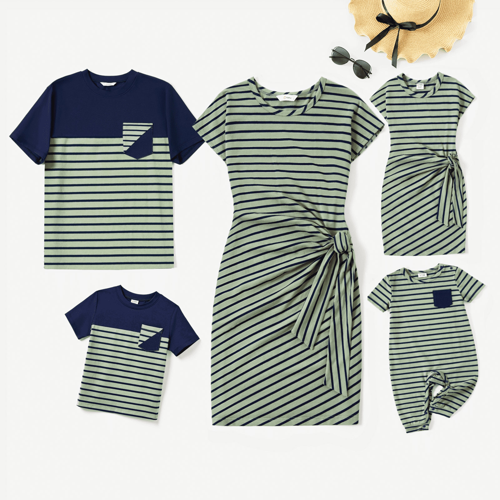 PatPat Ensembles Assortis pour la Famille : T-Shirt à Rayures Colorblock et Robe Trapèze à Liens Latéraux