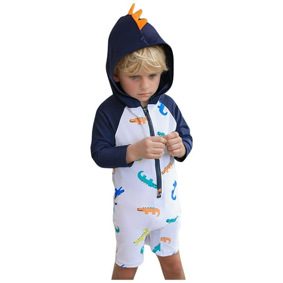 Odeerbi 1-7 Years Toddler Boys Long Sleeve Hooded Rash Guard Swimsuits Summer Beach One Piece Athletic Training Swimsuit Beachwear Cute Print Sunscreen Seaside Surfing Swimwear