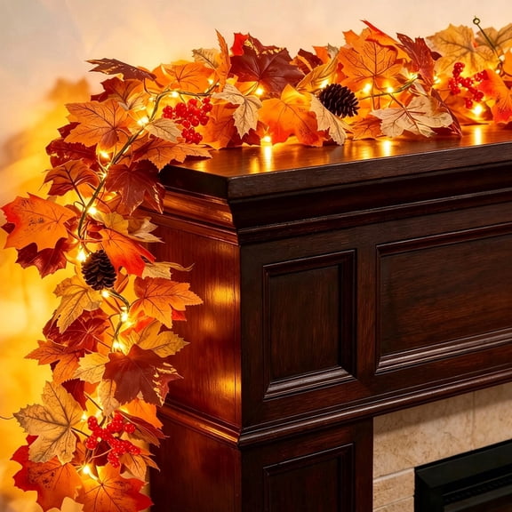 1 Pack Fall Maple Garland with LED Lights, 5.9ft Artificial Fall Foliage Garland Autumn Decor for Home Wedding Party