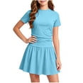 thumbnail image 2 of SROBPTY Teen Girls Dresses Solid Crew Neck Short Sleeve Pleated A Line Mid-Length Sundress for 5-15Y, 2 of 4
