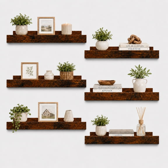 KAIWIN Floating Shelves for Wall, 15.7In Brown Wall Shelves for Decor Storage Set of 6, Wall Mounted Wood Shelves for Bedroom, Living Room, Bathroom, Kitchen