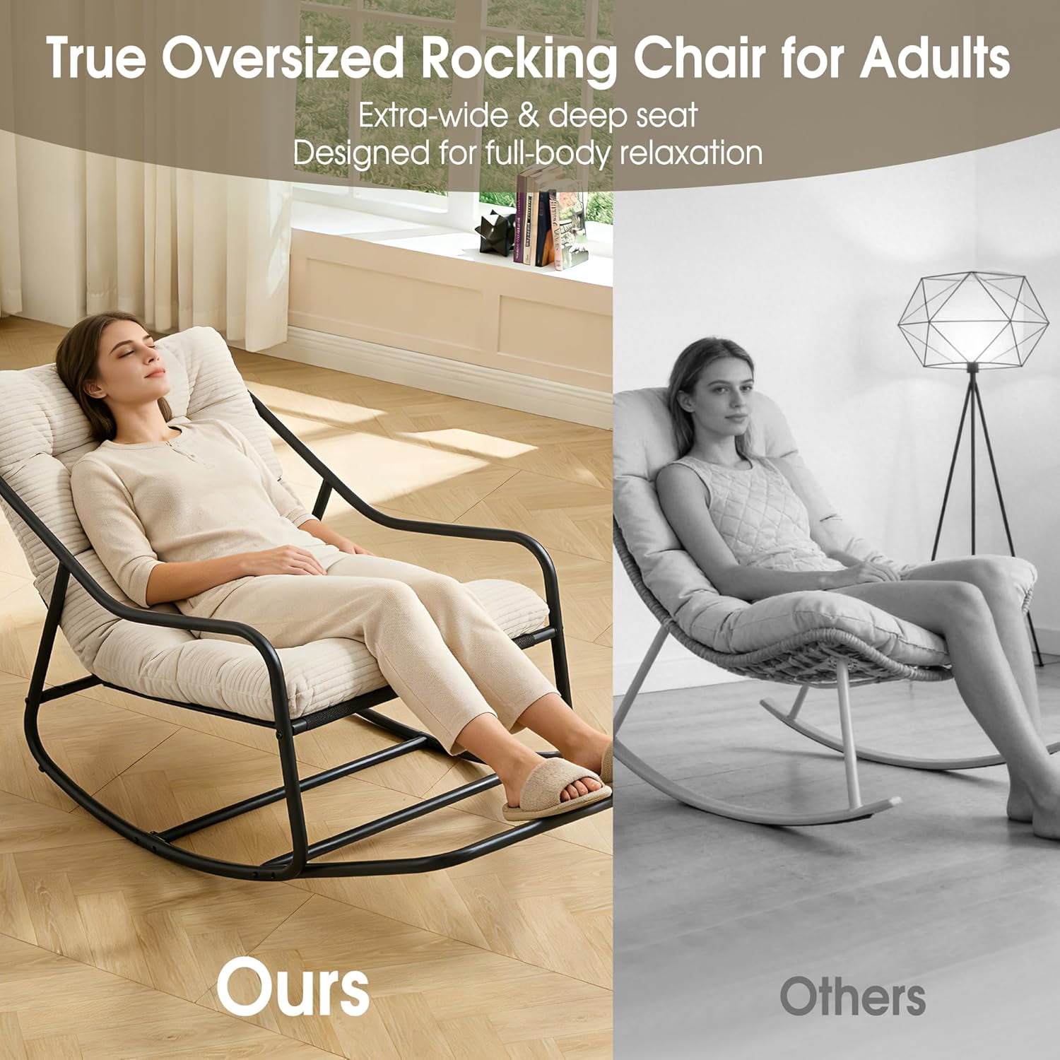 MOONMISS Rocking Chair with Soft Comfy Thick Cushion,Indoor/Outdoor with Footrest,Beige