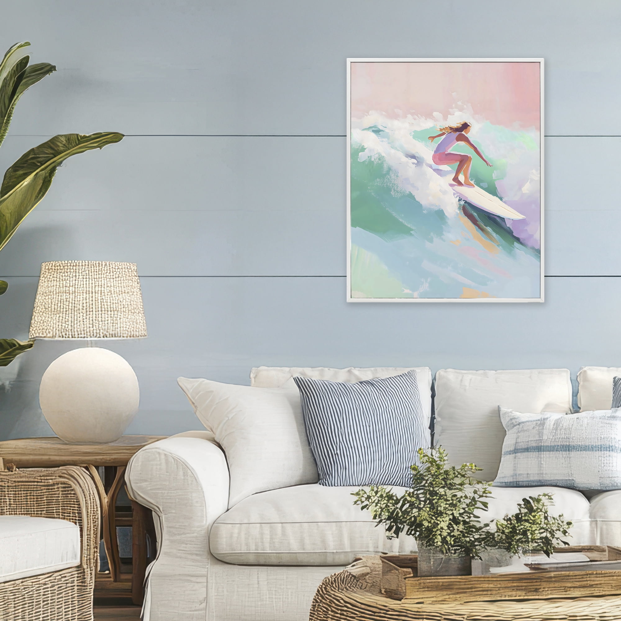 Stupell Industries Surfer Girl Riding Waves White Framed Giclee Art, design by The Prints Vibe