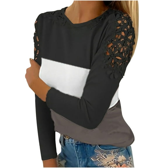 LEAVINGSUO Clearance Fall Clothes for Women Fashion Clearance,Women Casual Color Blocking Round-Neck Lace Hollow Out Long Sleeve Pullover Slimming Blouse T-Shirt Tops Black L
