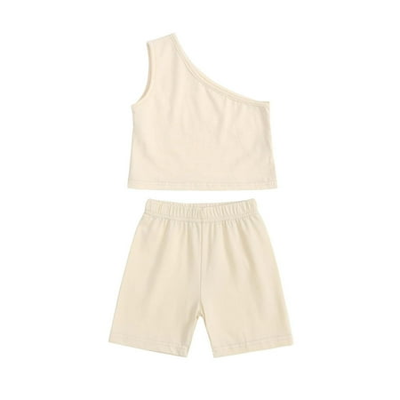 

Odeerbi Baby Boy Girl Clothes Toddler Outfit Summer One Shoulder Strap Top Shorts Two-piece Set Beige