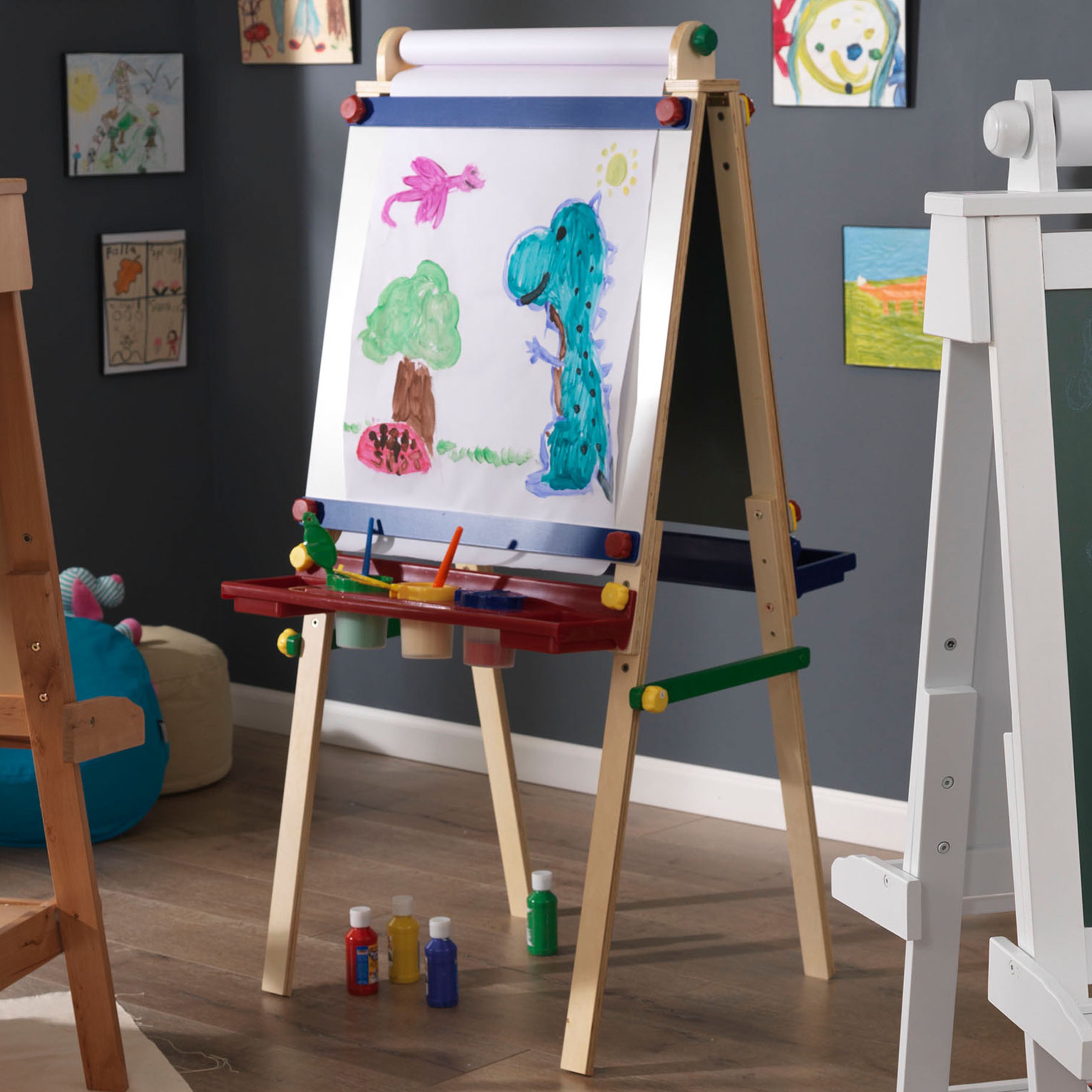 DUKE BABY Kids Wooden Art Easel with Double Boards, Paper Roll, Art  Accessories -- Natural Wood
