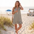 thumbnail image 5 of Women's Vertical Striped Dress, Casual Sleeveless Zip-up V Neck Mini Dress, Ruffle Hem Shift Summer Sundress with Pockets, 5 of 7