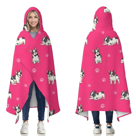 Wearable Blanket,Boston Terrier on Red Background Hooded Wearable Flannel Blanket for Adults & Teens,Winter Poncho Shawl Wrap Cape Cozy Anti-Pill,50"x60"