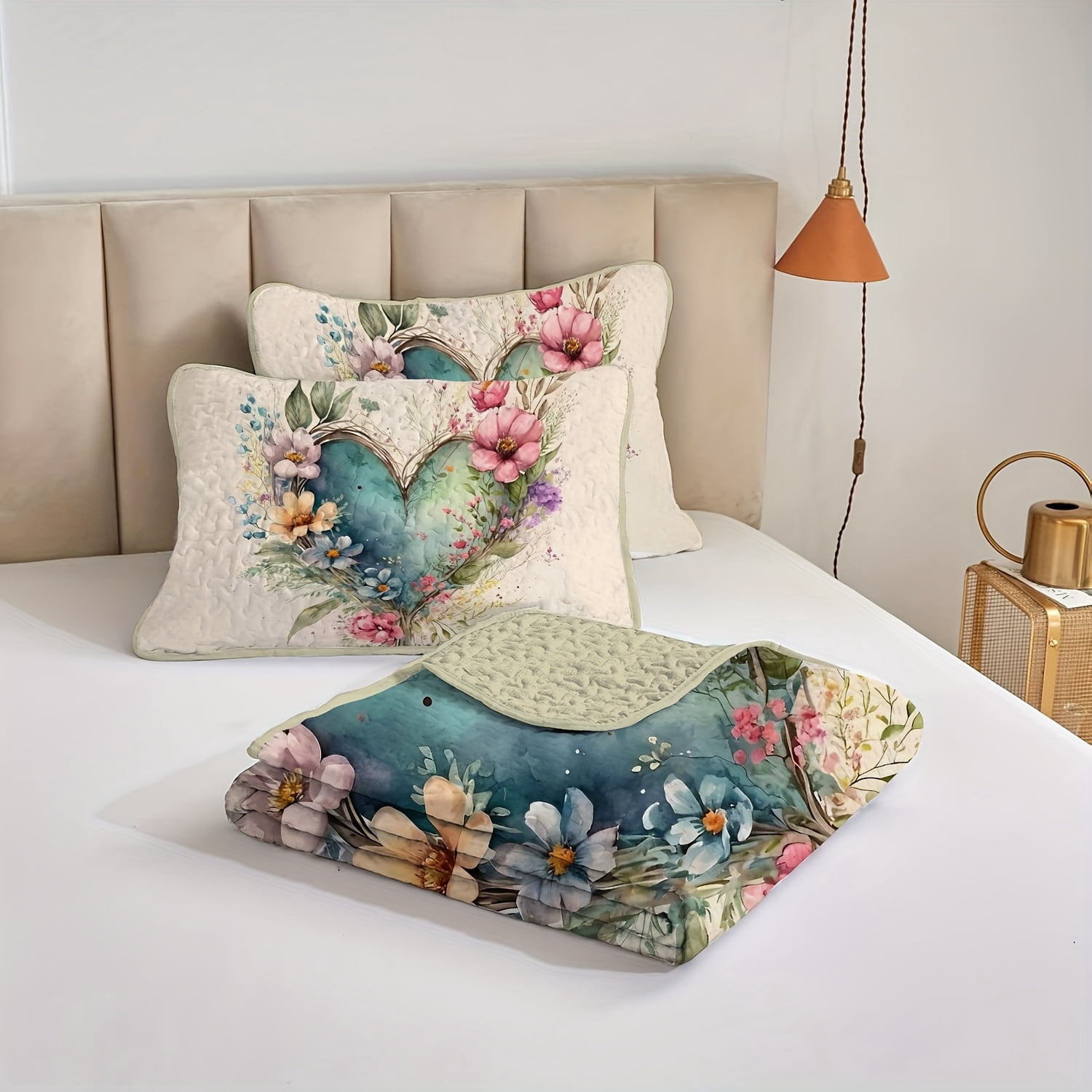 Flymme Quilts for Queen Bed,3 Piece Watercolor Floral Botanical Bedspread Coverlet Set，Heart Shape Flowers Bedding Sets with Pillow Sham for All Season