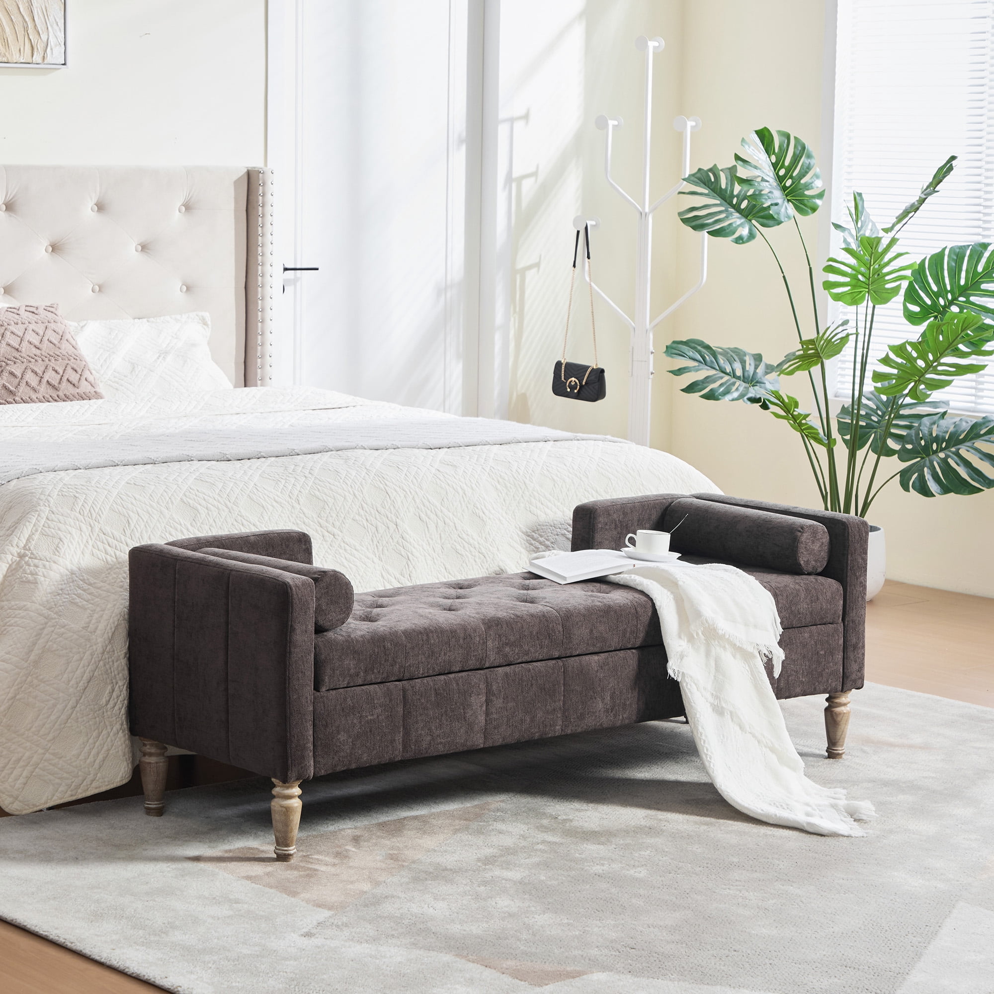64.6"W Upholstered Chenille Flip-top Storage End of Bed Bench, Tufted Accent Footrest with Armrests&Backrest&2 Bolsters Whitewashed Rubberwood Legs for Living Room, Hallway, Entryway Bedroom