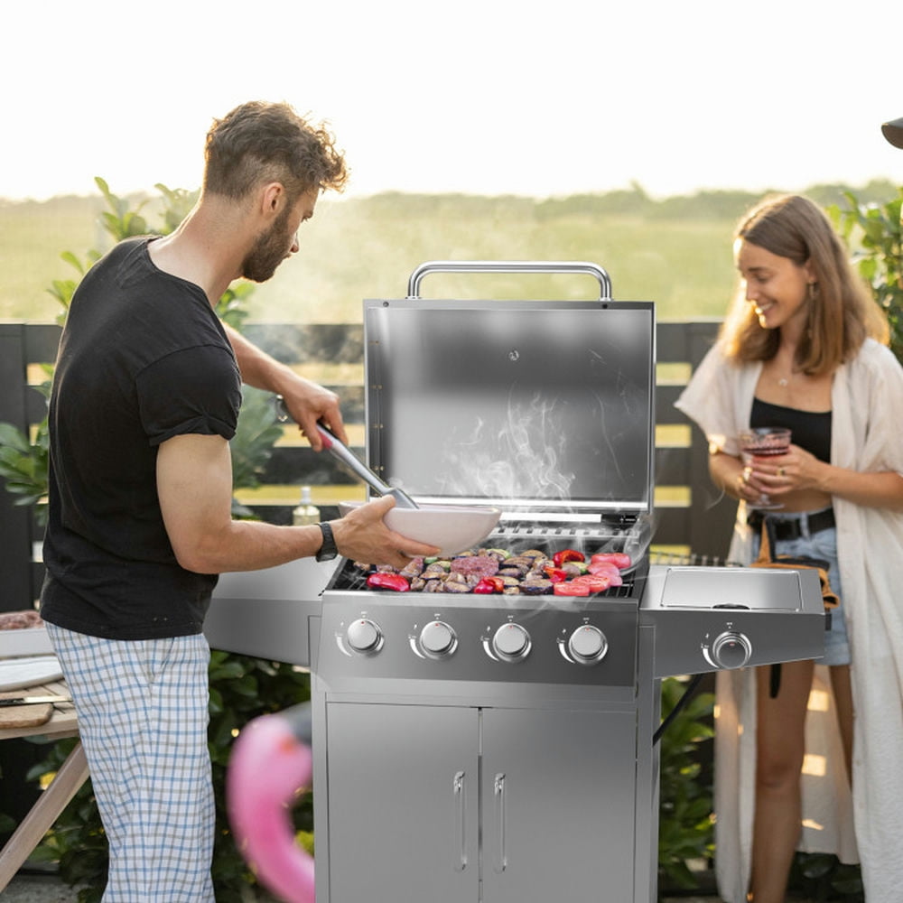 Aimee Lii 50000BTU 5-Burner Propane Gas Grill with Side Burner and 2 Prep Tables, BBQ Grill for Outdoor Cooking Kitchen, Garden and Patio Backyard Barbecue-Silver