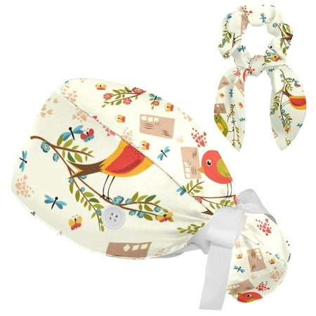 

Working Cap with Buttons and Sweatband Scrub Hat Bouffant Caps with Scrunchie Bird Tie Back Hats