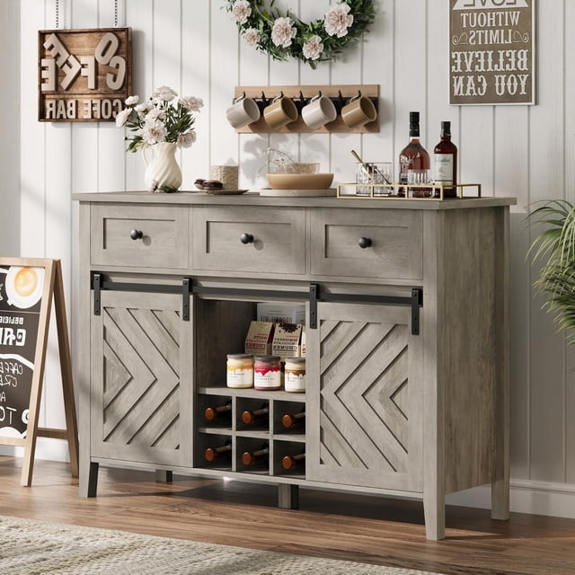 Farmhouse 47.2" Buffet Cabinet with Sliding Barn Door, 33.4" Tall Rustic Sideboard with 3 Drawer, Adjustable Shelf and Removable Wine Rack for Dining Room, Kitchen, Living Room, Vintage
