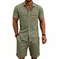 thumbnail image 4 of Eryao Big and Tall Men Casual Summer Outfits 2 Piece Sets Button Down Short Sleeve Blouses and Elastic Waist Shorts with Pockets Loose Breathable Loungewear,Army Green,S, 4 of 9