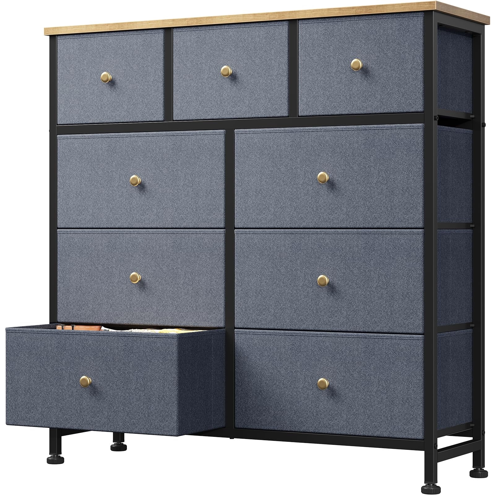 Telyra 9-Drawer Fabric Dresser Tall Storage Tower with Wood Top and Steel Frame Bedroom Closet Organizer, Greyish Blue