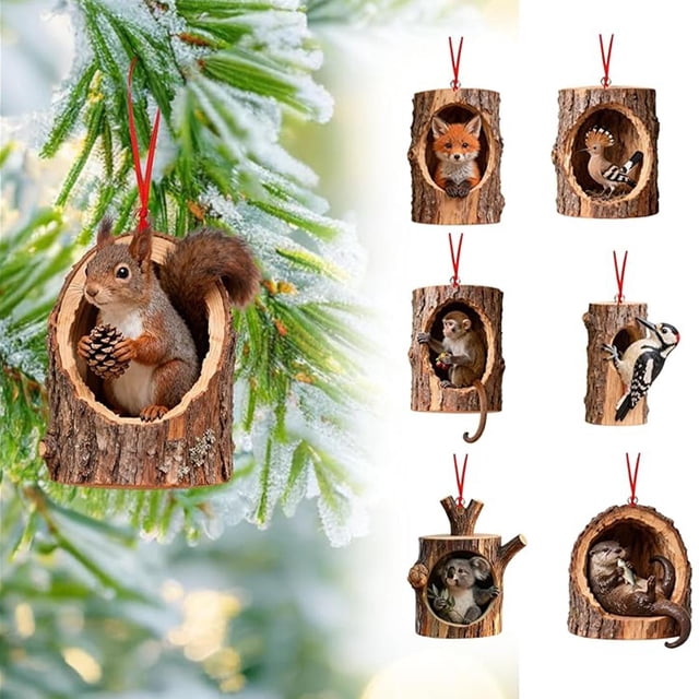 6 Adornos Navideños de Animales Acrílicos Planos 2D | Adornos Navideños de Búho y Mapache | Cuerdas Colgantes Resistentes | Decoración Navideña Festiva para Coronas de Árbol, Regalos de Pared