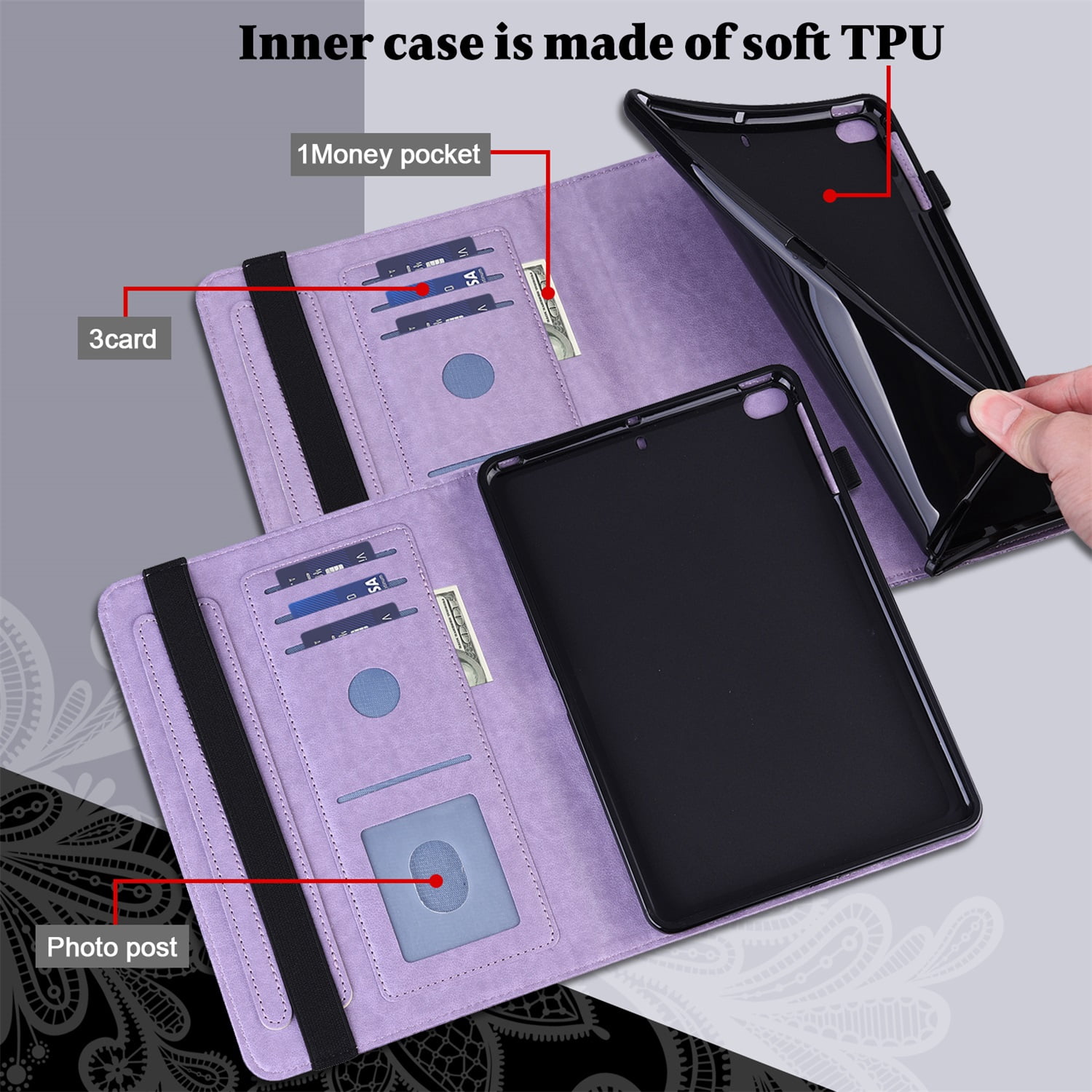 SaniMore for iPad 10th Generation 10.9" 2022 Embossed Case, PU Leather Case with Card Slot & Kickstand Pencil Holder & Hand Strap Shockproof Protective Case for Women Girls, Purple