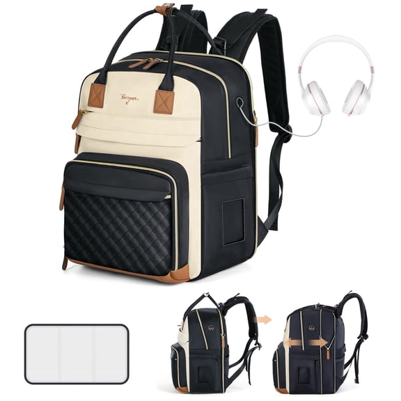 Leke expandable large diaper backpack, apricot black travel baby storage with changing pad and earphone hole for parents