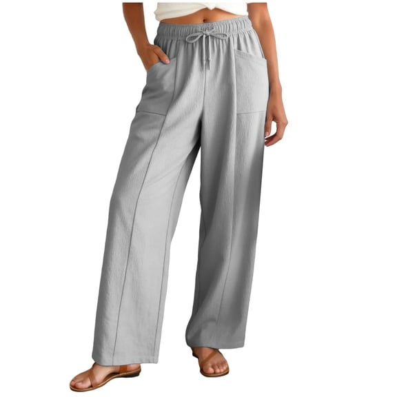 larppty Linen Pants Women Summer Elastic Waist Drawstring Straight Leg Pants Flowy Beach Vacation Lounge Trousers with Pocket (Light Gray, XL)
