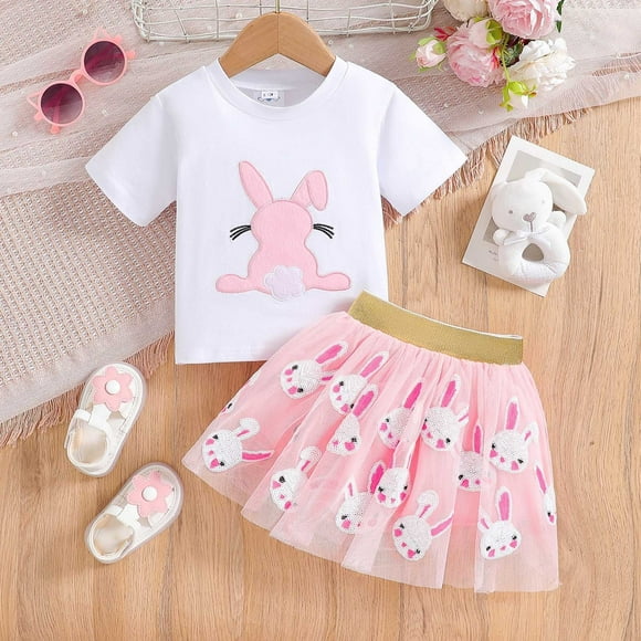 Hfolob Toddler Girl Clothes Outfits Easter Baby Bunny Print Crewneck Shirt Tutu Skirts Set Cute 2 Piece Outfits 6-12 Months