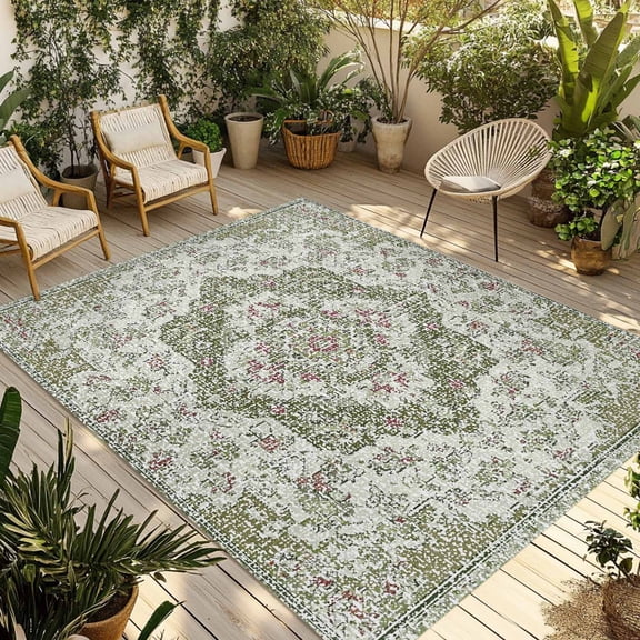 Sage Green Boho Outdoor Rug for Patio/Deck/Porch, Non-Slip Large Area Rug 3 x 5 Ft, Vintage Abstract Art Ethnic Tribe Indoor Outdoor Rugs Washable Area Rugs, Reversible Camping Rug Carpet Runner