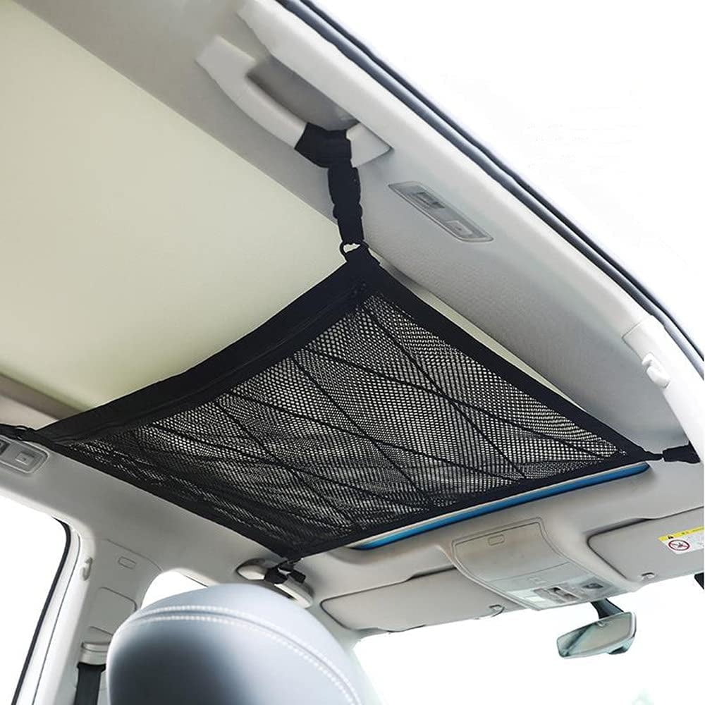 Tent ， Quilt, Childrens Toys, Towels and Sundries Car Ceiling Storage Net Pocket，Car Storage Bags for Long Trips,Adjustable Sundries Storage Pouch with Zipper Buckle，Storage Travel Supplies