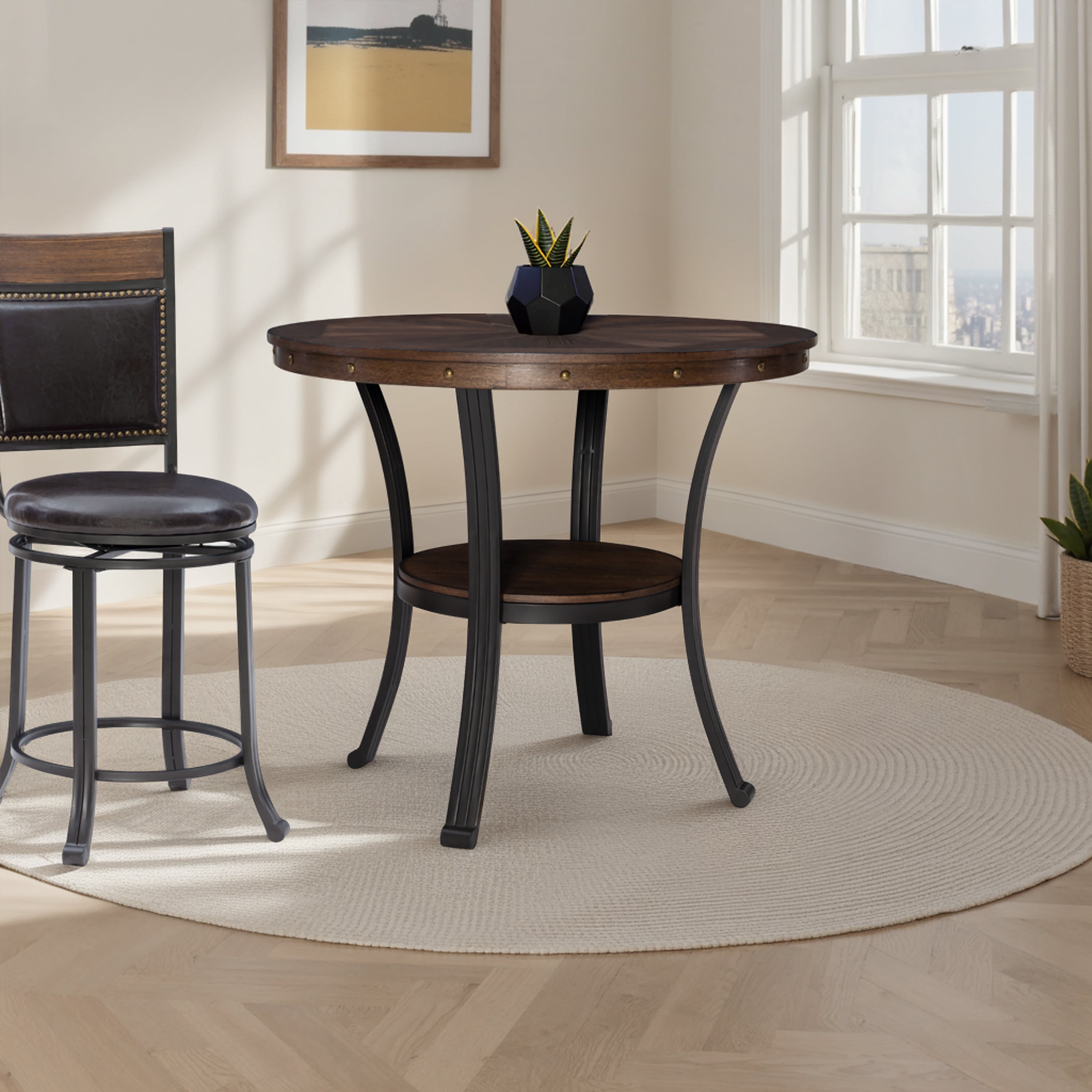 Powell Holloway Round Counter Height Dining Table with Shelf, Rustic Umber