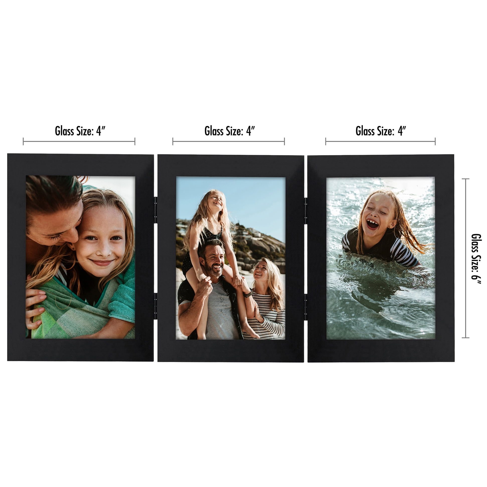 Americanflat Hinged 3 Photo Frame in Black MDF - Desk Photo Frame for 4X6" Photos - Tri Folding Picture Frame For Desk - Displays 3 Photos with Shatter-Resistant Glass Covers 4x6 Triple Fold Black