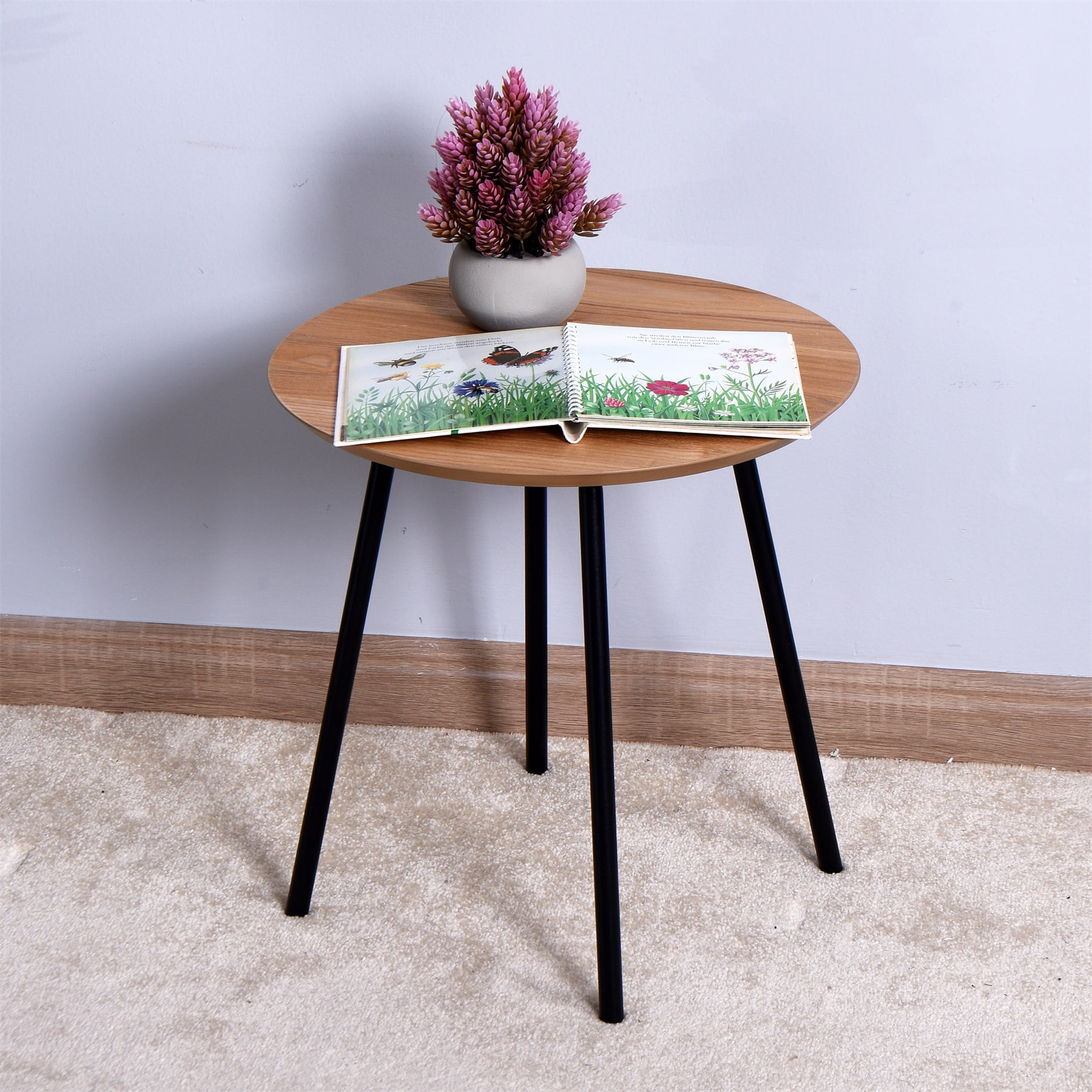 Solid Wood End Table, Wooden Side Table with Metal Legs for Living Room