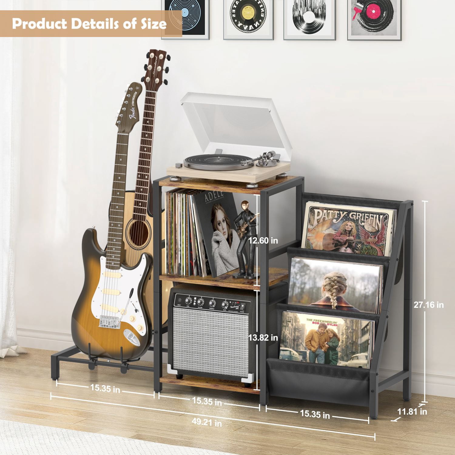 Olakee 3-Tier Record Player Stand with Guitar Stand for Acoustic, Electric Guitar, Bass, Vinyl Record Storage up to 200 Albums