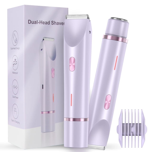 Recortadora de bikini para mujer, afeitadora de doble cabezal, 2 en 1 con cabezales de cuchillas de cerámica y puerto de carga tipo C, afeitadora eléctrica para vello púbico, axilas, piernas, brazos