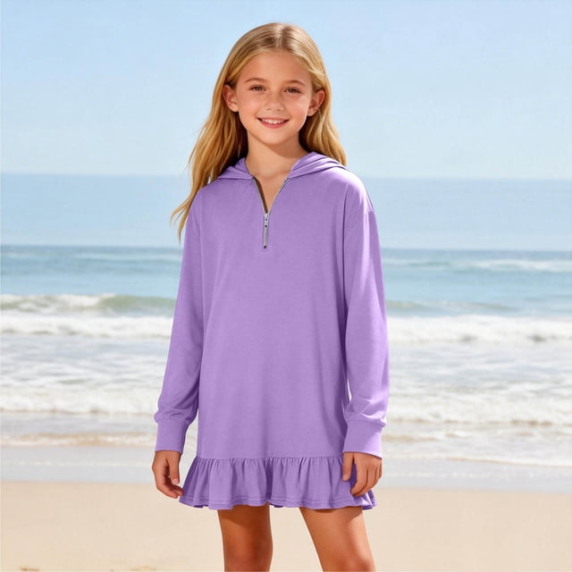 NTACZA Robes à Capuche Filles Manches Longues Mignonnes Robe Sweat Fermeture à Glissière 1/4 Ourlet à Volants Robe Mini pour Adolescente 7 Ans