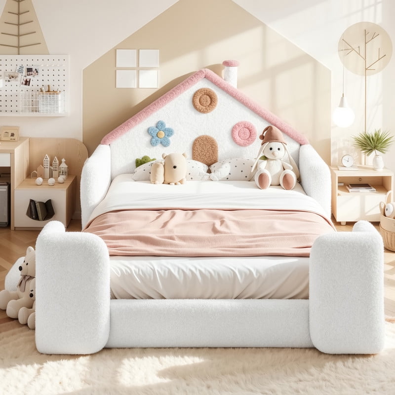 Full Size Kids Floor Bed with House Shaped Headboard, Upholstered Teddy Fabric Child Storage Platform Bed Frame with Pocket