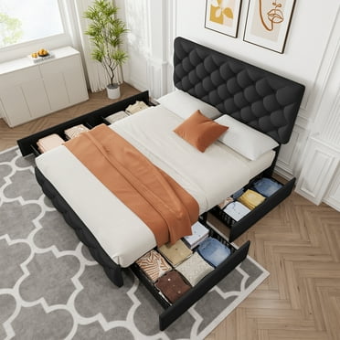 Queen Size Bed Frame with 4 Storage Drawers, Linen Upholstered Platform Bed Frame with Adjustable Headboard, Diamond Stitched Button Tufted, No Box Spring Needed