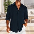thumbnail image 3 of LZHGirlshop Men's Linen Shirts Casual Button Down Shirt Solid Color Long Sleeve Turn-down Collar with Pocket Tops,Navy Blue,S, 3 of 6