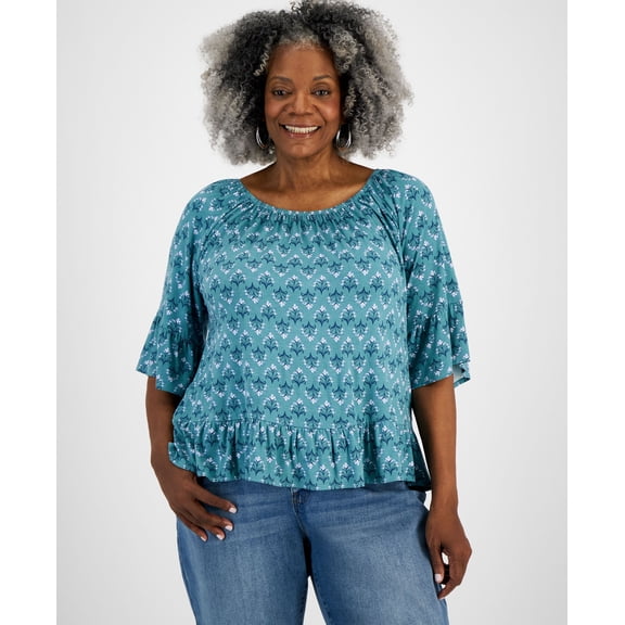 Plus Size Printed On/Off-The-Shoulder Knit Top Flower Desert Teal 2X