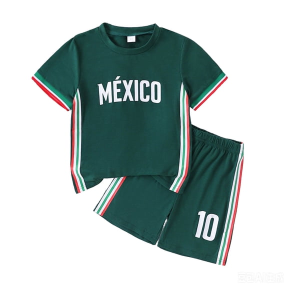 HAYIMI Child Boys Outfit Sets Mexico Short Sleeve Tops With Shorts Two Piece Summer Football Sportswear Outfit For Kids Round Neck Clothing Sets , Green