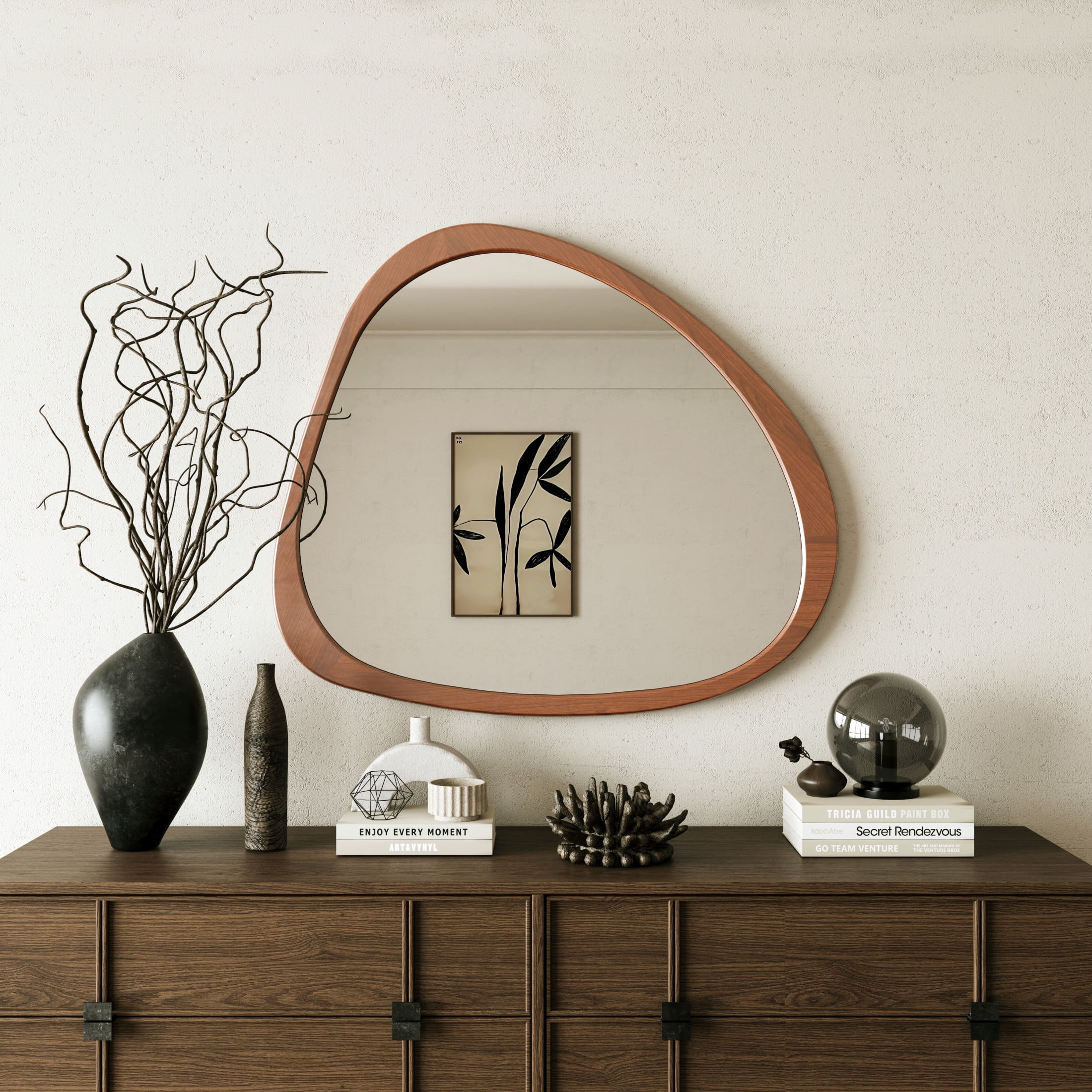 Noble House 45" Asymmetrical Wall Mirror, Solid Wood Frame, Glass Mid-Century Accent, Bathroom, Hallway, Walnut