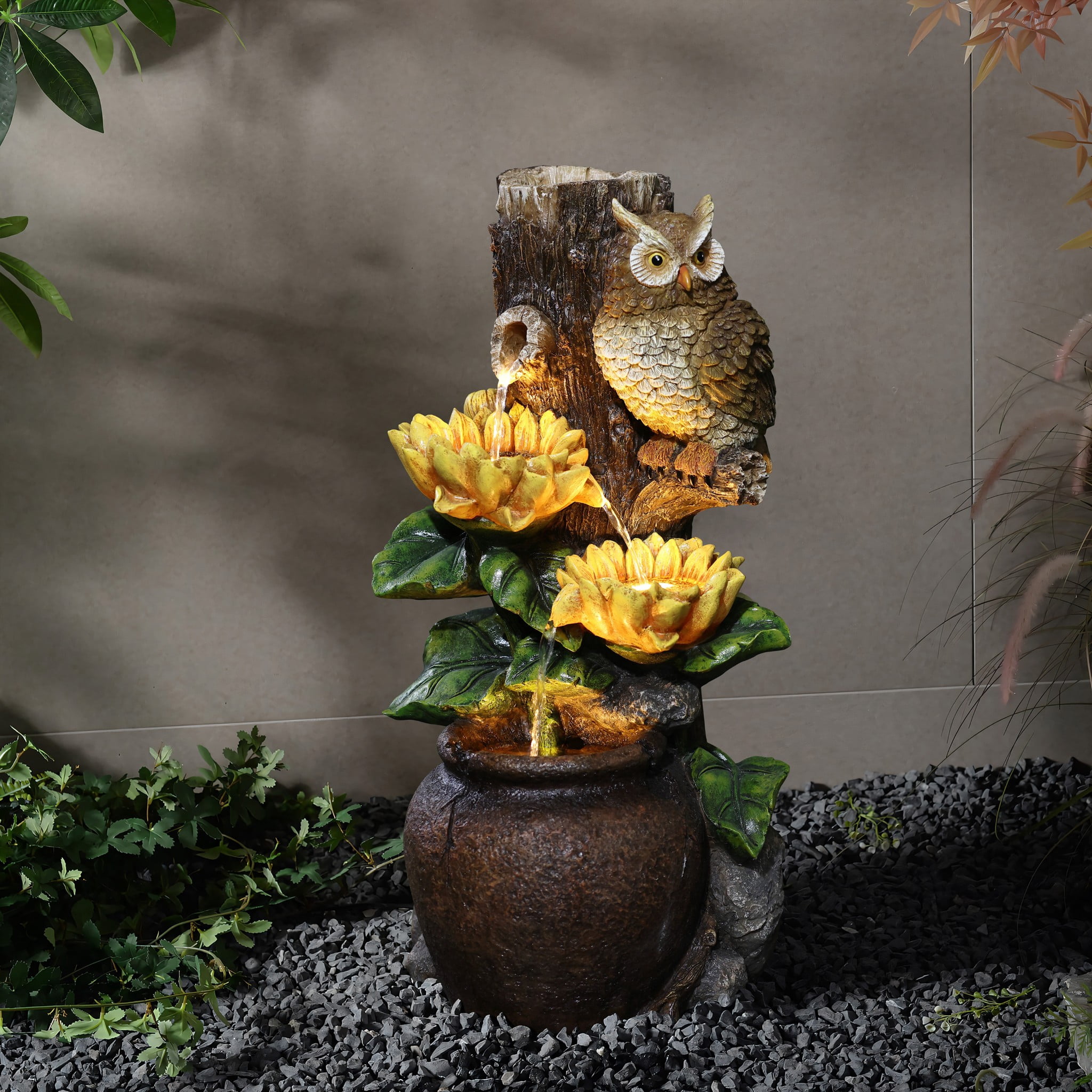 LuxenHome Sunflower and Owl 2.3-Feet Tall Outdoor Polyresin Fountain with Lights