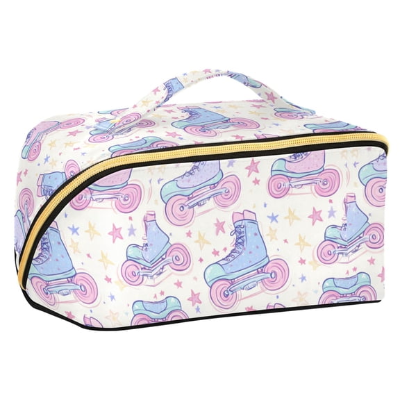 FORMRS Makeup Bag Travel Cosmetic Organizer for Women Fold Flat Zipper Pouch with Handle, Pink Skates