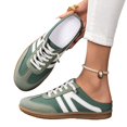 thumbnail image 2 of Women's Striped Canvas Slip On Sneaker Mules, Backless Casual Lace Up Flat Loafers Low Top Walking Shoes With Comfortable Cushioned Insole Durable Rubber Sole Everyday Wear,Dark Green 5.5, 2 of 6