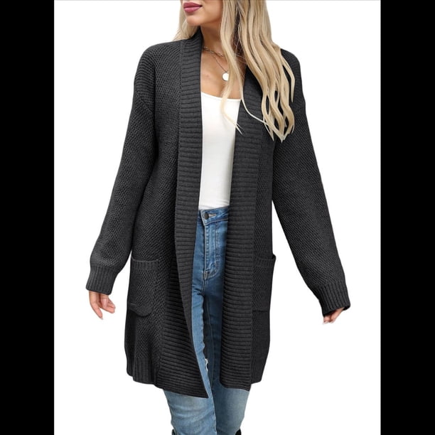 Cárdigan de Larga de Otoño para Mujer, Moderno Cárdigan de Punto Holgado con Bolsillos y Abertura Frontal para Invierno. Negro XL